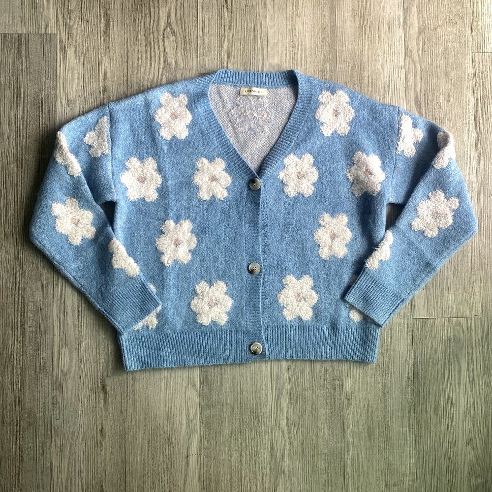 Cozy Oversized Floral Button Front Cardigan Large Baby Blue